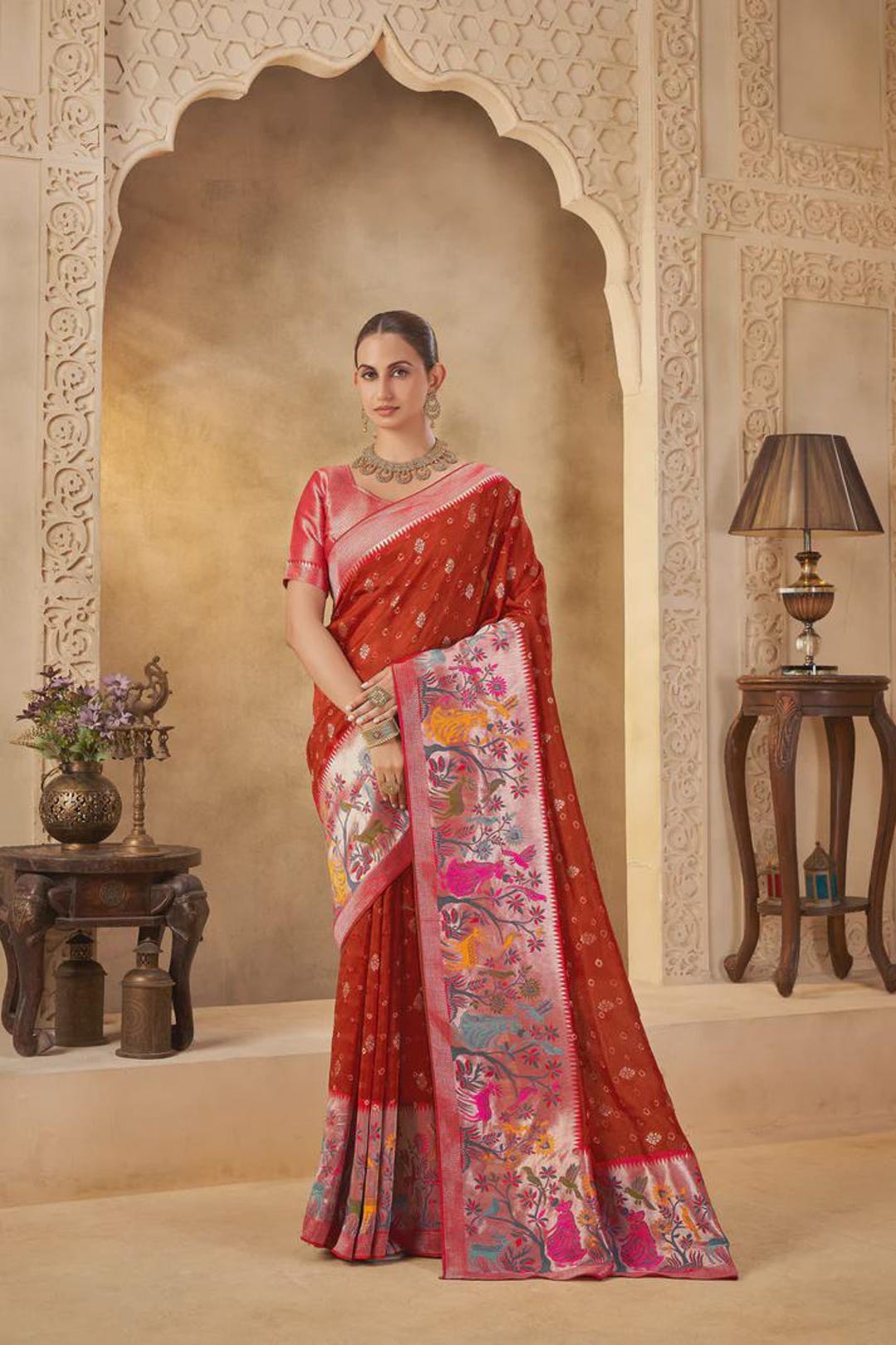 Deep Rust Red Tussar Silk Saree – Meenakari Nature Motifs, Silver Zari ...