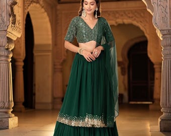 Dark Green Georgette Lehenga Choli with Embroidered Dupatta, Designer Indian Wedding Lehenga, Bridesmaid Party Wear Outfit