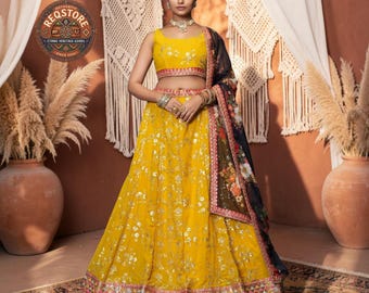 Mustard Yellow Georgette Lehenga Choli with Floral Printed Dupatta, Embroidered Indian Wedding Lehenga, Festive Party Wear Outfit
