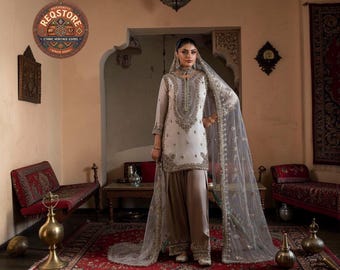 Embroidered Crape Silk Palazzo Suit, Pakistani Designer Sequence Kurta Set