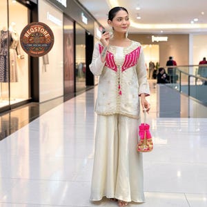 Off-White Silk Blend Co-ord Set, Hot Pink Embroidered Party Wear, Indian Festive Tunic & Palazzo Set, Designer Indo-Western Outfit