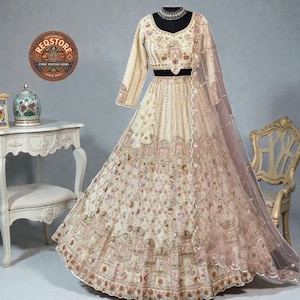 Ivory Gold Heavy Embroidered Bridal Lehenga Choli with Mirror and Sequin Work, celebration outfit, elegant lehenga, Handmade Lehenga