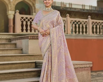 Pastel Pink Viscose Saree – Gold Woven Motifs, Beaded Blouse, Festive Sari
