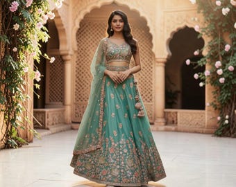 Sea Green Silk Blend Lehenga Choli with Net Dupatta, Sequins Embroidered Indian Wedding Lehenga, Bridesmaid Party Wear Outfit