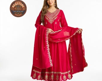 Pink Anarkali Kurta Set with Dupatta | Embroidered Neckline Long Dress | Pakistani Indian Ethnic Wear | Party & Festive Outfit