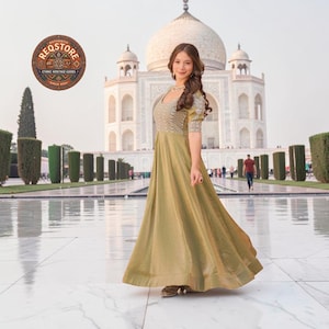 Vestido Anarkali verde oliva claro, vestido bordado de 56 pulgadas hasta el suelo, forro cómodo de mezcla de algodón, ropa festiva verde Mehendi,