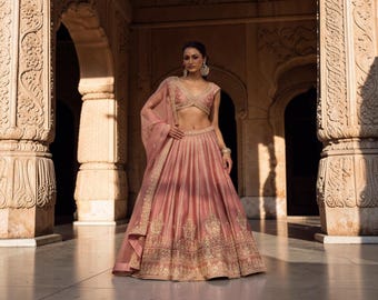Peach Georgette Lehenga Choli with Embroidered Dupatta, Designer Indian Wedding Lehenga, Bridal Party Wear Outfit