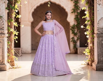 Lavender Georgette Lehenga Choli Set for Women | Embroidered Indian Wedding Lehenga | Bridesmaid Outfit | Festive Party Wear with Dupatta