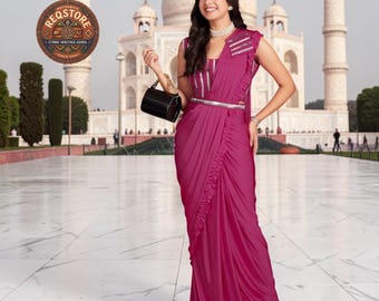 Ready-to-Wear Pink Georgette Saree, Frill Border, Lace Blouse, Belt, Festive Outfit
