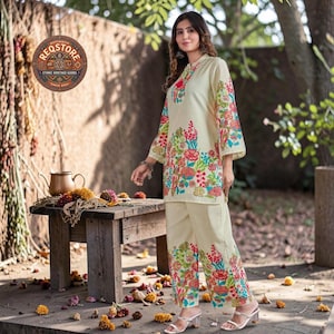 Off-White Floral Cotton Silk Co-ord Set, Women's Designer Tunic & Palazzo Set, Vibrant Summer Ethnic Wear, Ready to Wear Lounge Set