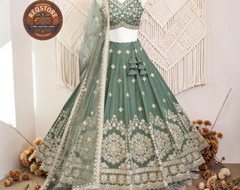 Green Chinon Silk Lehenga Choli With Dori & Fil Work, Wedding Wear, Party Wear, Functions