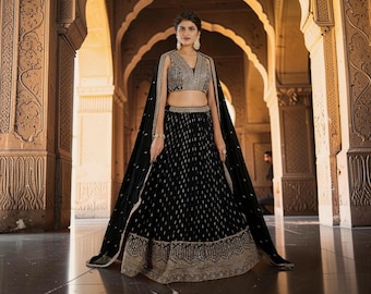 Black Georgette Lehenga Choli with Sequins Embroidery Dupatta, Indian Wedding Lehenga, Designer Party Wear Outfit