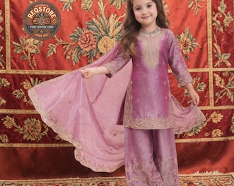 Girls Mauve Silk Sharara Suit, Embroidered Ethnic Party Wear, Festive Indian Dress (3-15Y)