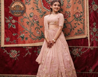 Girls Blush Peach Crepe Silk Lehenga Choli, Embroidered Indian Wedding Outfit, Party Dress (3-15Y)