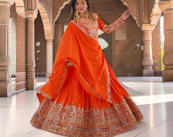Orange Crepe Lehenga Choli with Embroidered Dupatta, Designer Indian Wedding Lehenga, Bridesmaid Party Wear Outfit