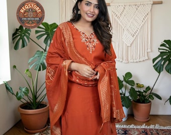 Handmade Orange Embroidered Kurta Set with Golden Dupatta – Indian Ethnic Salwar Suit for Women, Daily Wear Kurti Sets