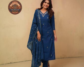 Cerulean Blue Tesla Silk Kurta Pant Set with Vichitra Dupatta, Embroidered V-Neck Indian Suit for Women, Wedding Guest Festive Wear
