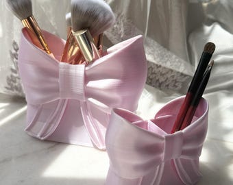Soporte para brochas de maquillaje con lazo coqueto, organizador con lazo adorable, recipiente de almacenamiento estético para tocador, organizador de escritorio rosa, regalo para ella.