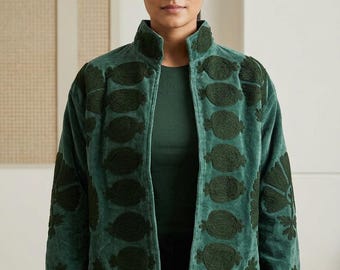 Green Velvet Suzani Embroidered Jacket, Floral Crewel Work Coat, Cottagecore Statement Cardigan
