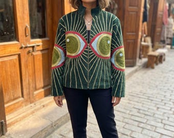 Handbroderad sammetskavaj, Evil Eye Sunburst Celestial Boho-kappa