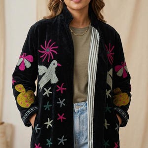Boho Velvet Duster Coat | Dove & Heart Embroidered Jacket | Artisan Festival Kimono
