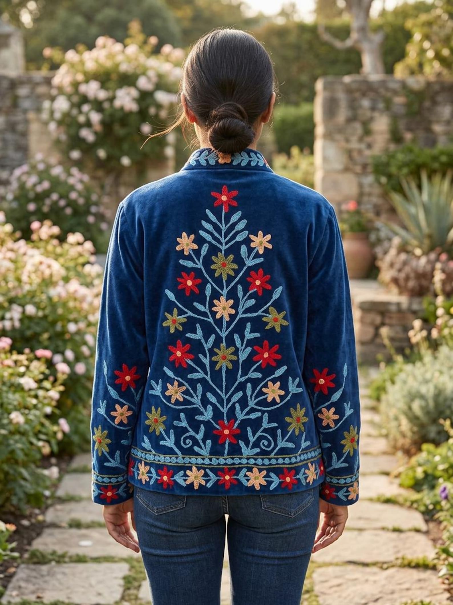 手作りのネイビーブルーのベルベット刺繍ジャケット、レディースの花柄ボヘミアンコート - Etsy 日本
