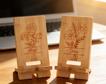Supporto per telefono in legno personalizzato con fiore di nascita, organizer da scrivania in bambù inciso, design inciso al laser, supporto per telefono in legno resistente ed elegante