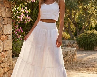 Boho Maxi Skirt | Tiered Smocked Waist Long Skirt, White or Black