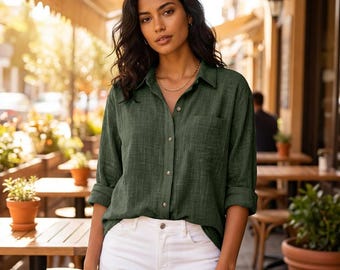 Chemise boutonnée décontractée | Chemisier décontracté à manches longues, haut ample