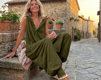 Sleeveless Hooded Jumpsuit | Baggy Women’s Romper, Loose Fit Harem Overall