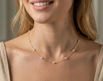 Dainty Pearl Station Necklace in Solid 14K, 8K Gold or 925 Sterling Silver - Minimalist Freshwater Rice Pearl Choker - Everyday Fine Jewelry