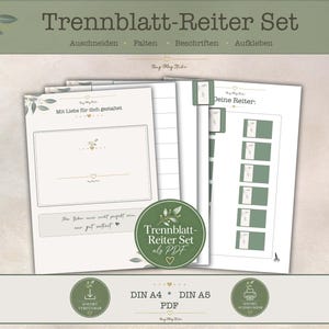 Könnte beinhalten: Ein druckbares Trennblatt-Reiter Set als PDF in Salbeigrün und Weiß. Die Blätter enthalten Texte wie Trennblatt-Reiter Set, Mit Liebe für dich gestaltet und Deine Reiter sowie verschiedene rechteckige Reiter-Vorlagen zum Ausschneiden, Falten und Beschriften.