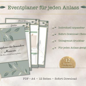 Könnte beinhalten: Ein Set von Eventplaner-Seiten in sanften Grün- und Beigetönen. Auf dem Cover steht "Eventplaner für besondere Momente". Zusätzliche Seiten enthalten Gästelisten und Dekorationsideen. Der Text "12 Seiten enthalten" ist ebenfalls sichtbar.