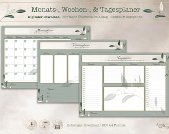 Monthly planner, weekly planner, daily planner PDF / undated, German / printable planner / A4 printable download / organize everyday life