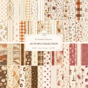 Op de afbeelding: Een collectie van 56 naadloze digitale patronen met herfstthema's, waaronder pompoenen, bladeren, ruiten, strepen en bloemmotieven in tinten oranje, bruin en crème, met de tekst Soona Digital AUTUMN COLLECTION.