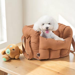 May include: A small white dog sits in a brown pet carrier with handles. A brown stuffed bear with green accents sits to the left of the carrier. The carrier is on a wooden surface.