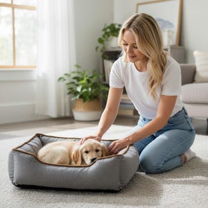 May include: A gray rectangular dog bed with a brown trim. A small, light-colored puppy is nestled inside the bed. A person is kneeling beside the bed, petting the puppy. The scene takes place in a well-lit living room.