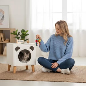 Puede incluir: Una casa para gatos blanca con una entrada redonda y recortes en forma de oso. Un gato atigrado gris está dentro. Una persona sostiene un juguete para gatos con plumas de colores. Un pequeño reloj muestra "12:59".