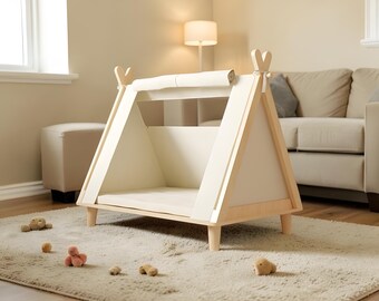 Tienda de campaña para mascotas para todas las estaciones – Cama triangular de madera lavable para gatos y perros