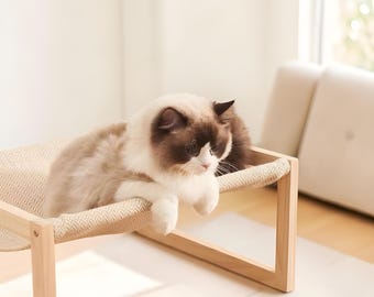 Indoor Wooden Cat Hammock – Elevated Pet Bed with Sturdy Wooden Stand