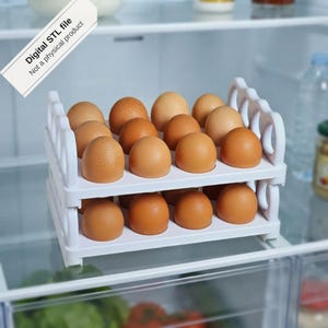 May include: A white plastic two-tiered egg storage rack holding eighteen brown eggs. The rack features a rectangular frame with circular cutouts for each egg. A white label in the top left corner reads Digital STL file Not a physical product.