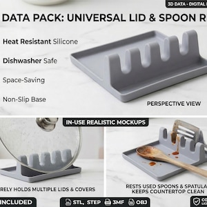 May include: A grey silicone universal lid and spoon rest. The rest has slots for lids and utensils. The image shows the rest holding a lid, a spoon, and a spatula. The text on the image says "Heat Resistant Silicone", "Dishwasher Safe", "Space-Saving", and "Non-Slip Base".