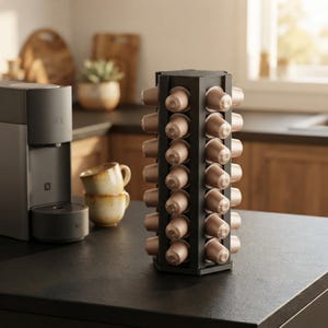 May include: A black vertical coffee pod carousel stand holding multiple light brown coffee capsules in a grid arrangement. The stand features a rotating design with several columns to organize and display individual coffee pods for easy access.