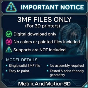 Peut inclure: Graphique de t&eacute;l&eacute;chargement num&eacute;rique avec le texte &laquo;&nbsp;AVIS IMPORTANT&nbsp;&raquo; et &laquo;&nbsp;FICHIERS 3MF UNIQUEMENT&nbsp;&raquo; pour imprimantes 3D. L'image indique que les fichiers sont uniquement des t&eacute;l&eacute;chargements num&eacute;riques, qu'aucune couleur ni fichier peint n'est inclus et qu'aucun support n'est inclus. Les d&eacute;tails du mod&egrave;le incluent un seul fichier 3MF solide, facile &agrave; peindre, sans assemblage requis et une g&eacute;om&eacute;trie test&eacute;e et adapt&eacute;e &agrave; l'impression.