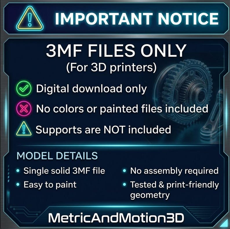 Peut inclure: Graphique de t&eacute;l&eacute;chargement num&eacute;rique avec le texte &laquo;&nbsp;AVIS IMPORTANT&nbsp;&raquo; et &laquo;&nbsp;FICHIERS 3MF UNIQUEMENT&nbsp;&raquo; pour imprimantes 3D. L'image indique que les fichiers sont uniquement des t&eacute;l&eacute;chargements num&eacute;riques, qu'aucune couleur ni fichier peint n'est inclus et qu'aucun support n'est inclus. Les d&eacute;tails du mod&egrave;le incluent un seul fichier 3MF solide, facile &agrave; peindre, sans assemblage requis et une g&eacute;om&eacute;trie test&eacute;e et adapt&eacute;e &agrave; l'impression.