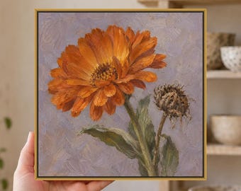 Orange Calendula Oil Painting, 8 Inch Square Hand Painted Oil Painting on Canvas, Framed Cottage Wall Decor, Gift for Art Lovers, 20x20 cm