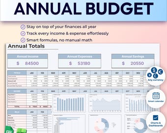 Planificador de presupuesto anual Hoja de cálculo de presupuesto anual en Google Sheets Rastreador de presupuesto en Excel Registro de gastos mensuales Plantilla de finanzas personales Plan anual