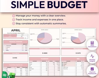 Planificador de presupuesto sencillo / Plantilla para Google Sheets y Excel / Rastreador de gastos mensuales y semanales / Hoja de cálculo con cálculo automático / Presupuesto quincenal
