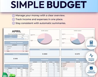 Planificador de presupuesto sencillo / Plantilla para Google Sheets y Excel (Descarga digital)