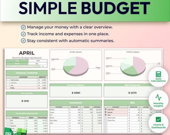 Planificador de presupuesto sencillo / Hojas de cálculo de Google, Excel / Planificador de gastos mensuales y semanales (Descarga digital)